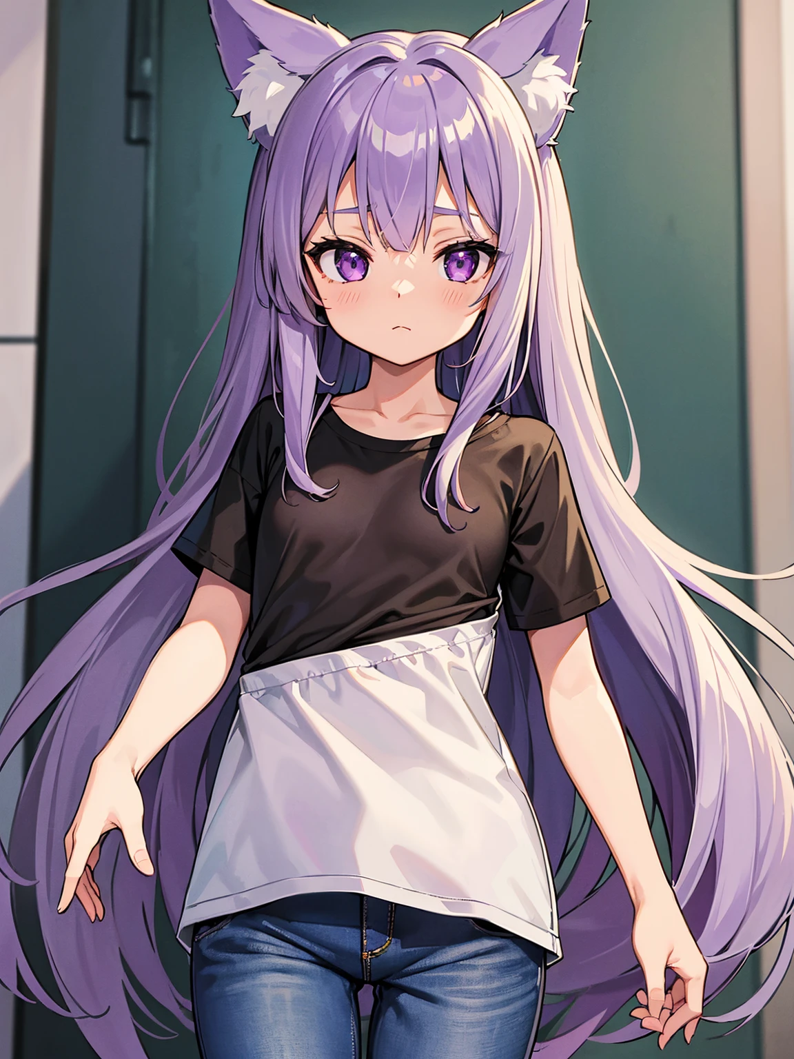 ((masterpiece:1.2, best quality)), highres, solo, long_hair, ((silver_hair:1.3)), ((purple hair highlights:1.3)), bow, hair_bow, ((loli:1.3)), ((small breasts)), ((flat chest)), bangs, purple eyes, animal ears, kitsune, fox ears, fox girl, black fox tails, multiple tails, blush, very_long_hair, 1girl, looking_at_viewer, upper_body, closed_mouth, jeans, t-shirt