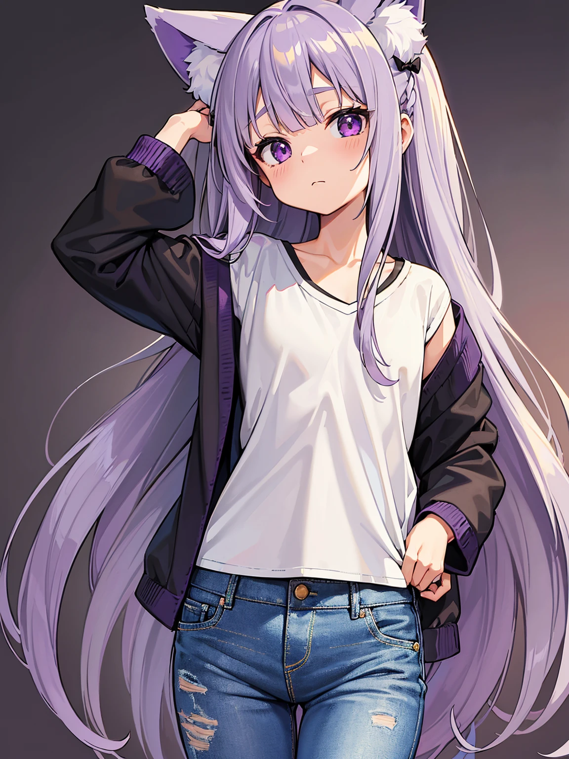 ((masterpiece:1.2, best quality)), highres, solo, long_hair, ((silver_hair:1.3)), ((purple hair highlights:1.3)), bow, hair_bow, ((loli:1.3)), ((small breasts)), ((flat chest)), bangs, purple eyes, animal ears, kitsune, fox ears, fox girl, black fox tails, multiple tails, blush, very_long_hair, 1girl, looking_at_viewer, upper_body, closed_mouth, jeans, t-shirt