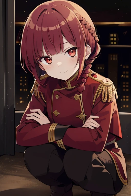 ((Squatting panchira)), (crouching down), fluffy hair,Red hair,((Braided shorthair)),Slightly red tide,((Gold eyes)),(Black military uniform), Staring at me, Smile with a kind face, ,((a dark night)),((dark apartment late at night)),