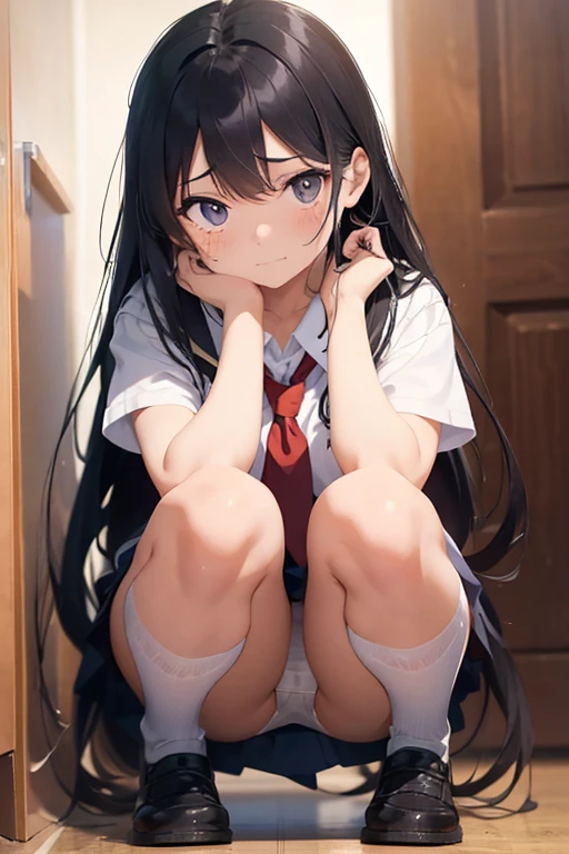 A -yeld fee high school student with long black hair and wearing a school uniform squats down with tears in her eyes, opening her legs and showing her white panties.