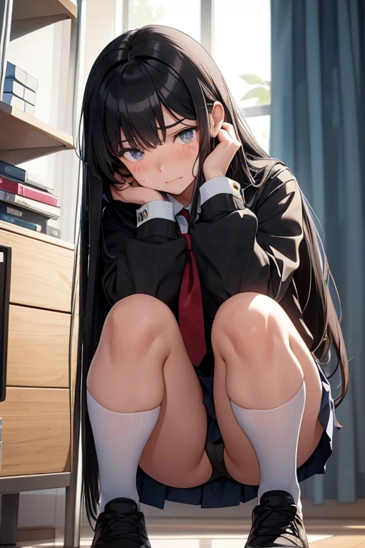 A -yeld fee high school student with long black hair and wearing a school uniform squats down with tears in her eyes, opening her legs and showing her white panties.