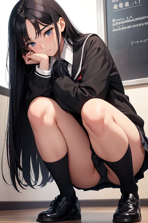 A -yeld fee high school student with long black hair and wearing a school uniform squats down with tears in her eyes, opening her legs and showing her white panties.