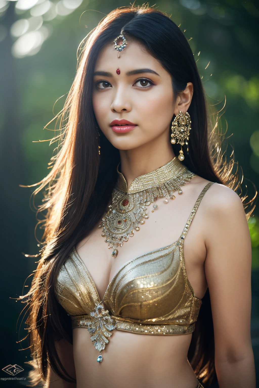 (((best image quality、highest quality、Super high quality 1.5、Super high quality 1.5、32K、8K、ticker、RAW photo、very clear image、very clear image quality、Photoreal 1.3、Super detailed 1.2, small details, High resolution, wall , Perfect dynamic structure, masterpiece, surreal,非常に詳細な CG Unity 32K wall紙,extremely detailed CG unity 32K wallpaper,realistic pictures、real human being、超High resolution、See here)))、Rhea Chakraborty as a beautiful maiden, Standing in the rain, big breasts, Long hair tied in a bun, wearing a strapless bra and see-through sarong, Wearing heavy makeup, long eyelashes, Eye mascara, wearing golden jewelry, bindi, Long Earings, paste, Arm band, bracelet, Nose ring and waist chain, wet clothes, worried look, bottom cave