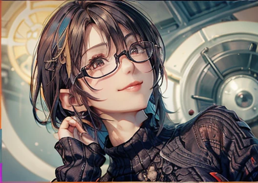 (masutepiece), Natural light, Photorealistic, Cameltoe, diffuse glow, depth of fields, big eye、Black eyes、profetional lighting、japanes、on top of the building in the background、Fantastic background、portlate、Invincible smile、ember、the man has sharp eyes、Brown knitted sweater、Eyes are black、asian human、A dark-haired、lightly permed hairstyle、Short hair、Wearing glasses、Ken Sato、
