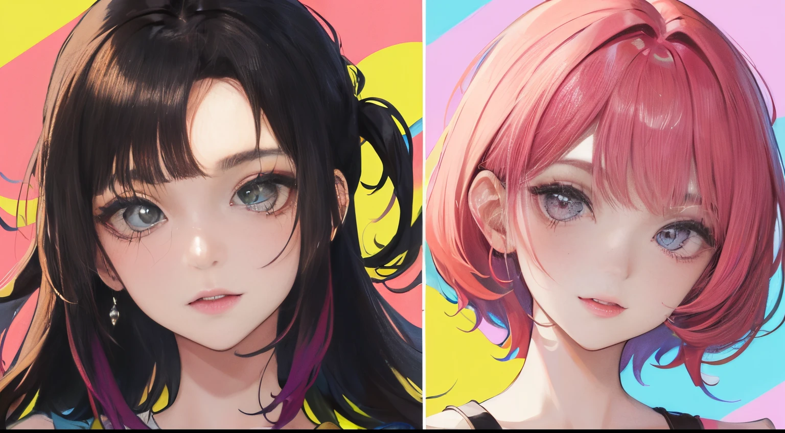 (((1 mujer)))、(Maximum resolution、distinto_Imagen) Mejor calidad、(((pop)))、2023s、((colorful backdrop))、((iluminador))、ighly detallado、anime、cabello color blanco、((Makeups)),Peinado trenzado、una sonrisa、flequillo、20 year、joven、((camisetas))、rasgos faciales delicados、anteojos, facial features、Vista desde abajo