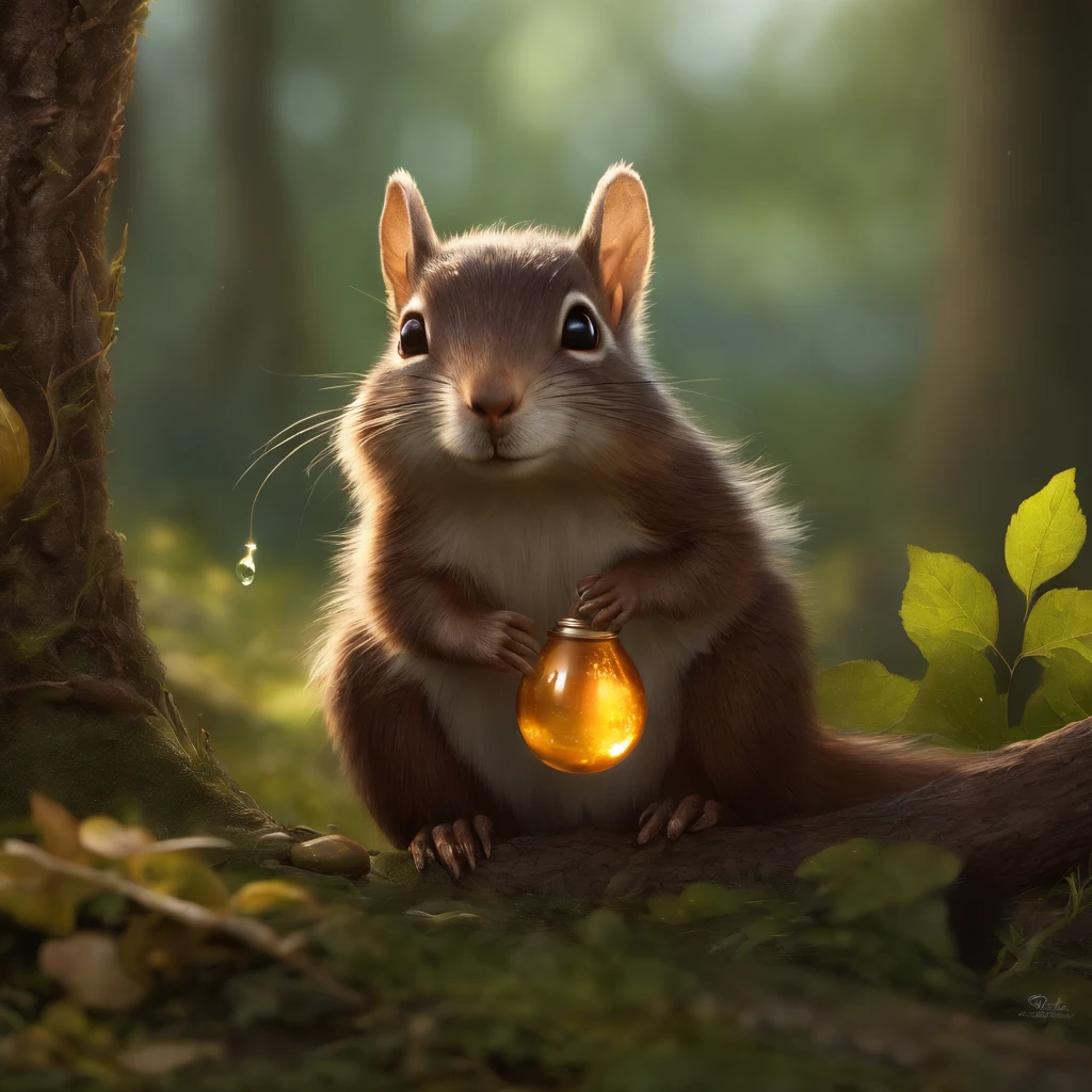 真实感, Realism, Close up of cute tiny fireflies around a huge oak tree, Morning lighting, dew, illuminate the bush, a detailed painting, cgsociety, Detailed painting, artstation hd, high detail, cgsociety, photo realism, Concept art, artstation hd, official arts, bokeh ,gremlin, squirrel-like, wear a hooded shirt, assassin style, bright silver and brown, Long fluffy tail, large ears, covered with silver fur, water, stands on the shore, Best Quality, Masterpiece, in style of dark fantasy art, gremlin, mole-like, holding a huge acorn in his paws, bright silver and brown, Long fluffy tail, elongated nose,,,, huge ears, covered with silver fur,tousled, five toes on each paw, holding a huge acorn in his paws, I'm standing in a forest clearing under the foliage of bast., acorns lie in the clearing, acorns glow, Crickets fly, Best Quality, Masterpiece, in style of dark fantasy art, fantasy-inspired, in the style of John Tolkien, (CBZBB:1.25), ((gremlin),Zhkute, Small, baby, Beautiful, Fantasy art, deviant art, trending artstation, Digital Art, Detailed, Realistic, humanoid, character, tiny, Cinematic shot, cinematic portrait of a mole, naturalist, huge oak roots, entrance to the pit, Fireflies,