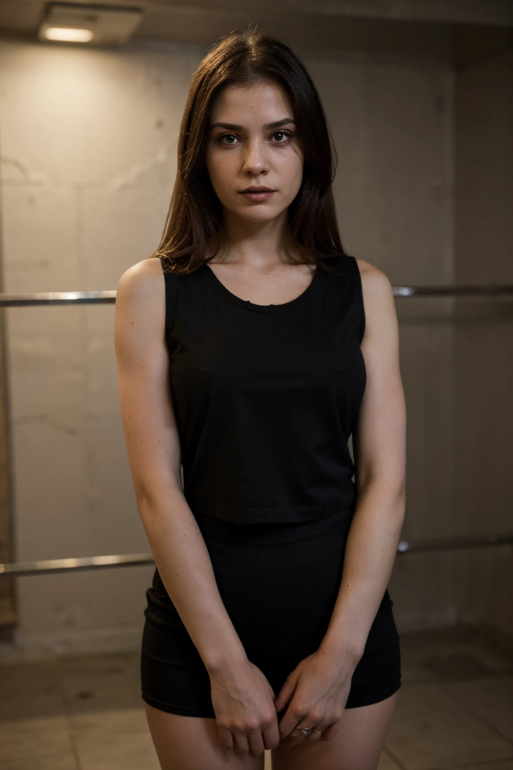 ((best quality)), ((masterpiece)), (detailed), perfect face, (((masochism woman, black clothes, sleeveless))), standing, standing in a prison cell, blood on face.