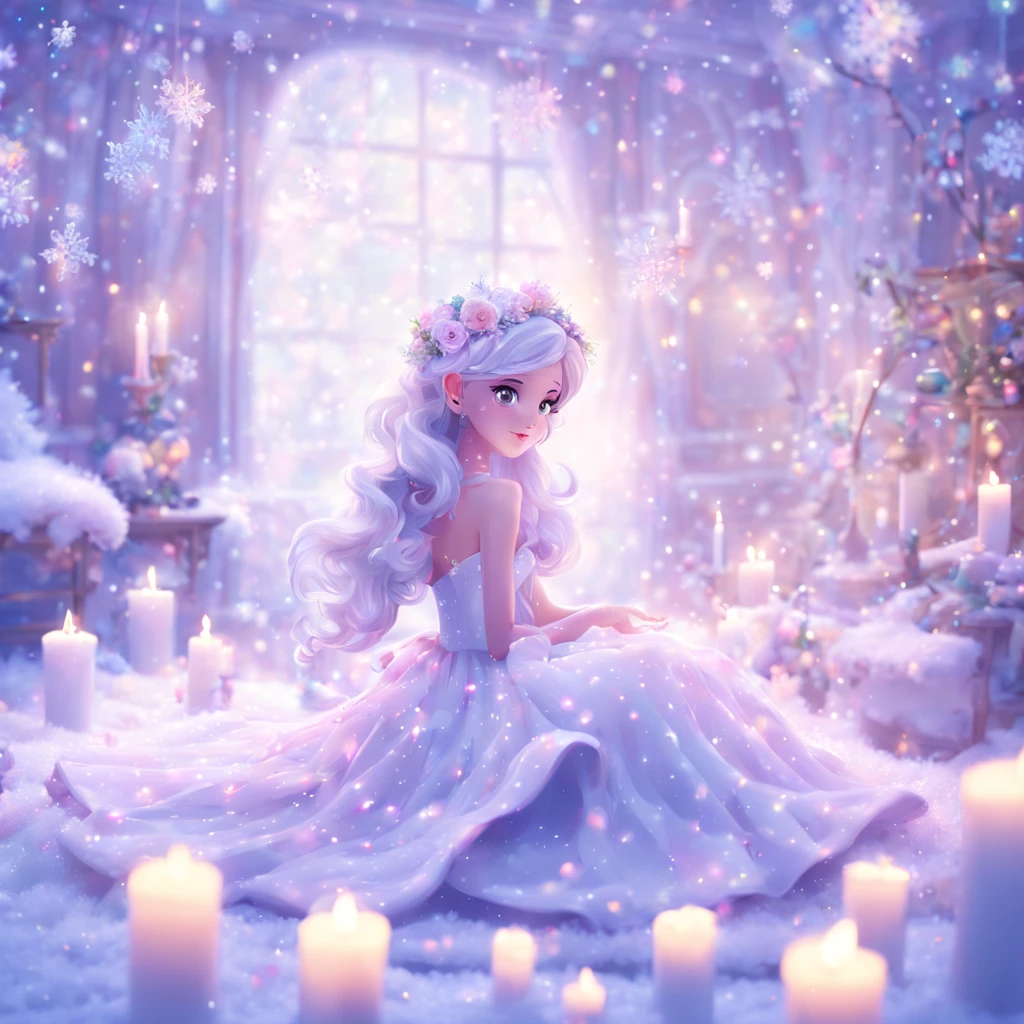 The fairy princess is sitting in a cozy room ,zoomout,colorful holographic glitter light snow falling,At night,Many snowflakes are shining ,pastel colors and white dress,decorated with many candles,romantic atmoshere, complex brush strokes, Beautiful lighting, colour grading, Unreal Engine, creative, Expressive, Stylized anatomy, Digital Art, Adobe Photoshop, Well-developed concept, distinct personality, Consistent style, hardware*