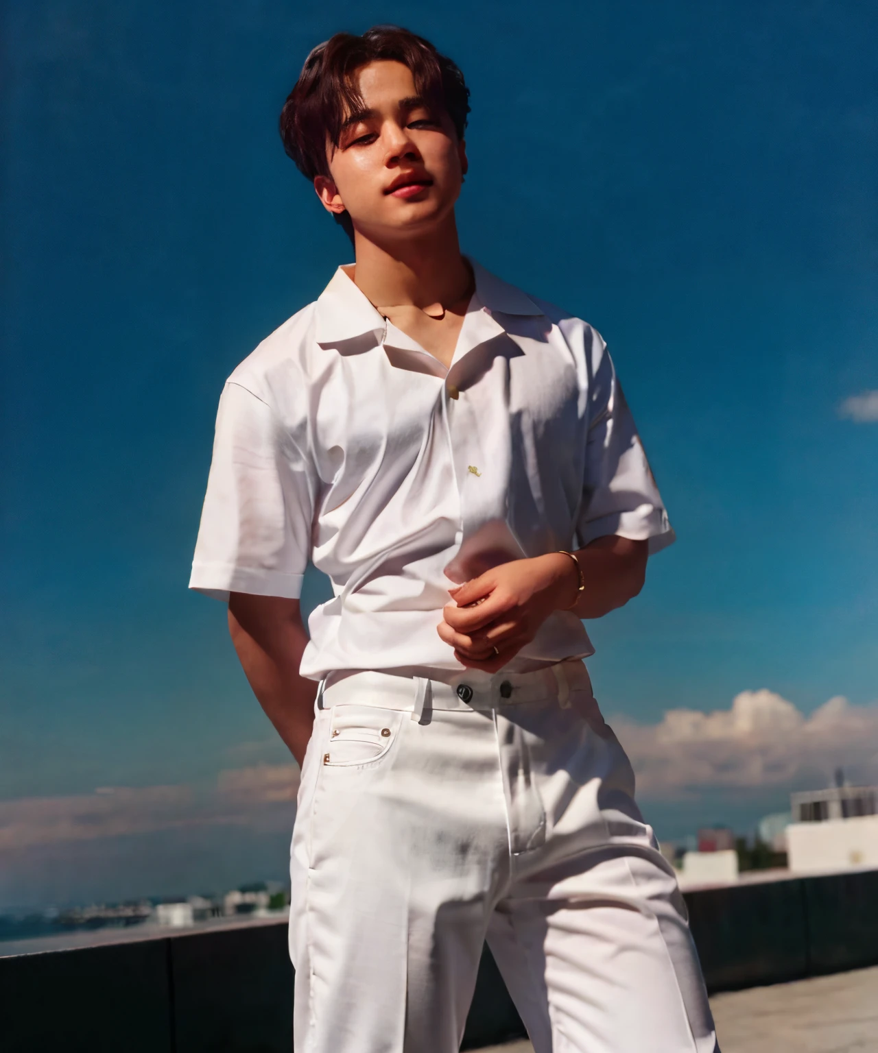 Jimin de BTS luciendo un outfit completamente blanco