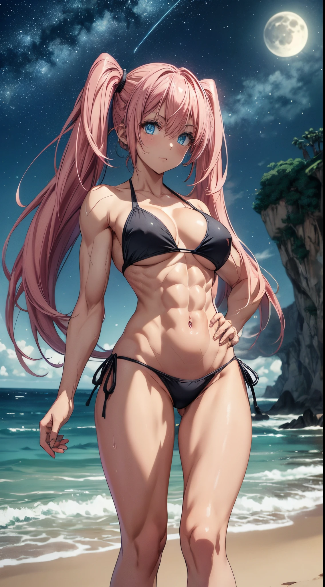 1 girl, (medium breasts))), (((wearing short bikini))), (long pink hair), (((blue eyes))), thin arms, (on the beach at night with starry sky and moon blood full), (slim waist), (((muscular legs))), muscular belly, bare feet, (((showing her big ass to me))), (full body photo), (twintails), Long Eyes, eye flare, moodiness, anime, anime style, ray tracing, flare, drop shadow, panorama, Sony FE, 8k, UDisk, master piece, accurate, anatomically correct, Super Detail, best quality, ultra high resolution, Hard Udisk, 16