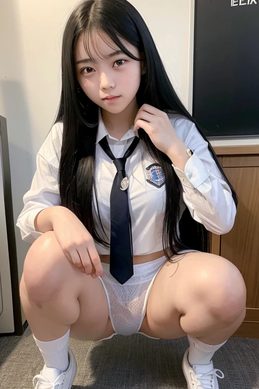 A -yeld fee high school student with long black hair and wearing a school uniform squats down with tears in her eyes, opening her legs and showing her white panties.