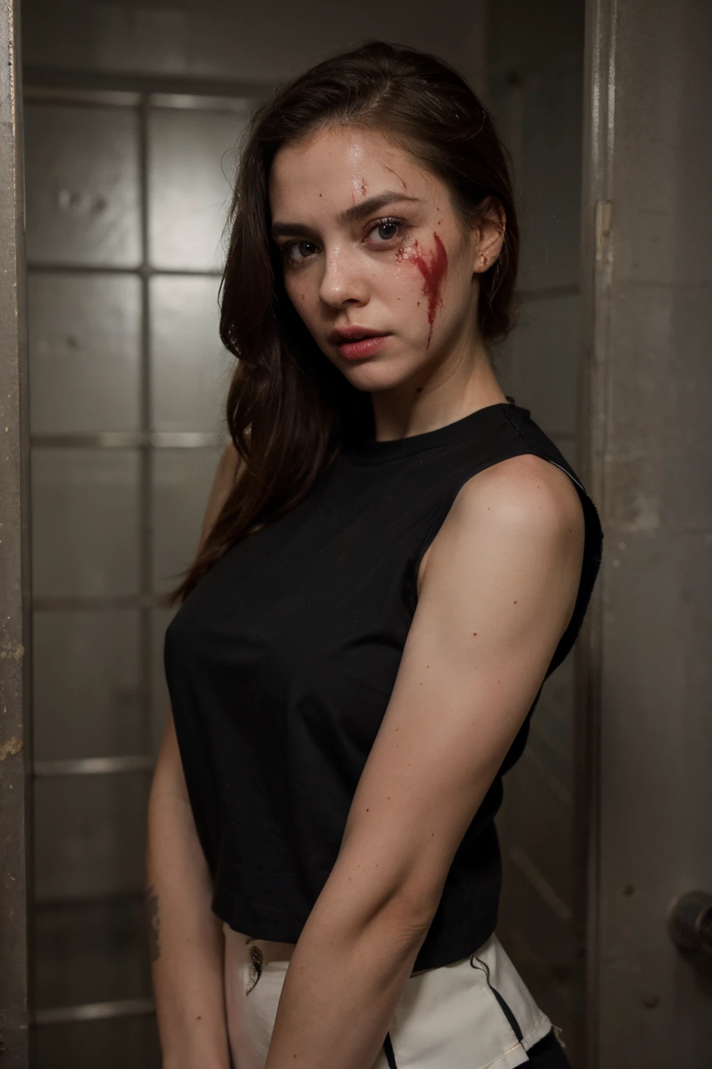 game, Wear a black spaghetti strap dress.,woman,Tie
your hair up and leave your bangs untied.,Let down the
hair, Brown hair, America—Korea, Oblique angle Look at the
screen, There are stains on the body.,Behind is a black
wall with some scrap metal falling on it.,resident evil