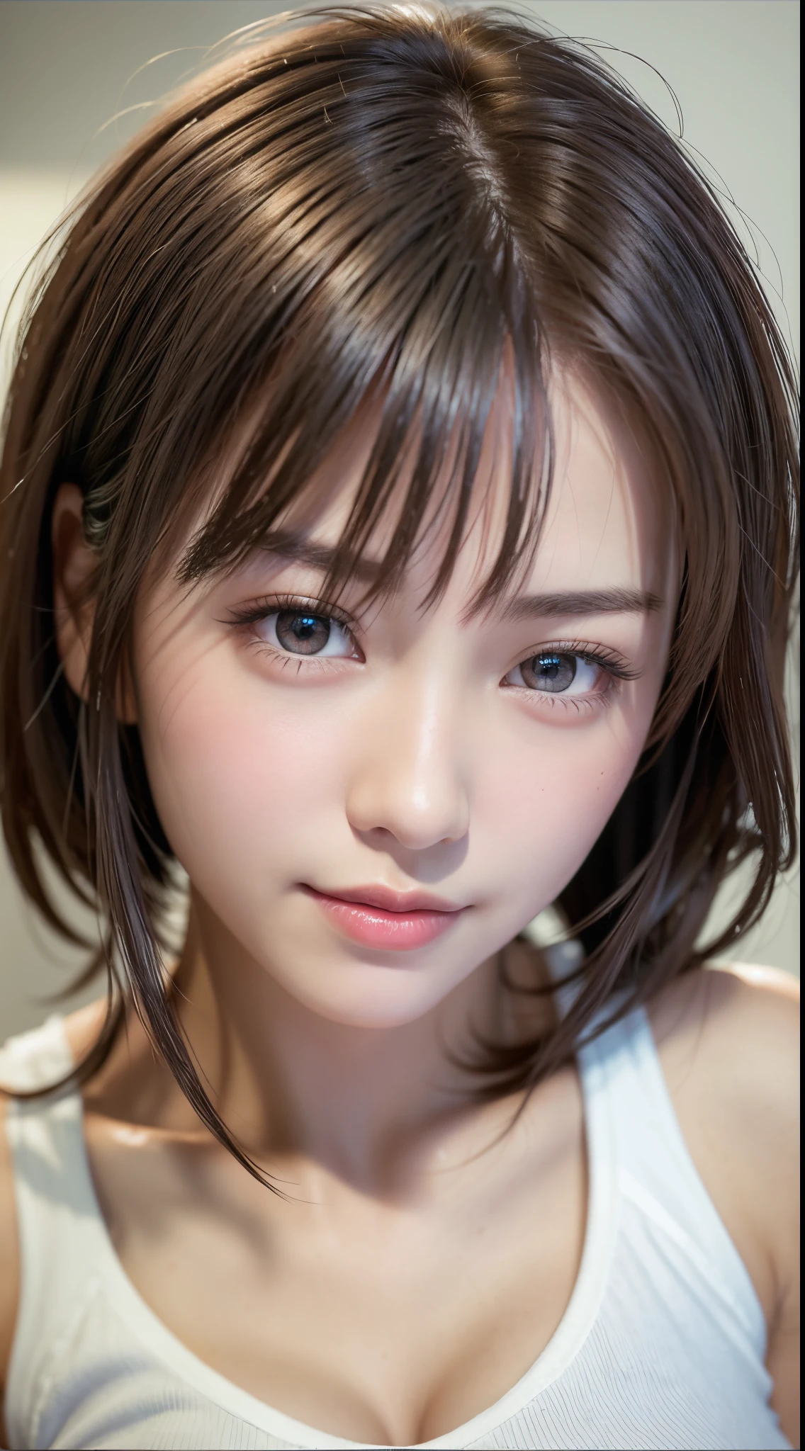 of the highest quality, 超A high resolution, (Photorealistic: 1.4), Beautiful eyes，Lifelike eyes,short detailed hair，White T-shirt，Beautiful breasts, Lovers, Lover's Eyes, Sexy smile, slenderbody, Perfect balance, Detailed skin,realskin,Beautie,An ultra-high picture quality、Ultra-realistic image quality、kawaii faces、