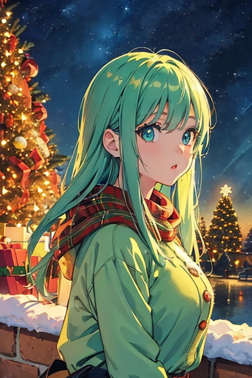 (Girl looking at Christmas tree: 1.5), Mint hair, Beautiful eyes, Anime, Illustration, Masterpiece, Top quality, Absurd, High resolution, 8K, (Background detail), Air, Landscape, (Winter: 1.3) , (Night sky: 1.5), Christmas tree, wide shot, plateau,