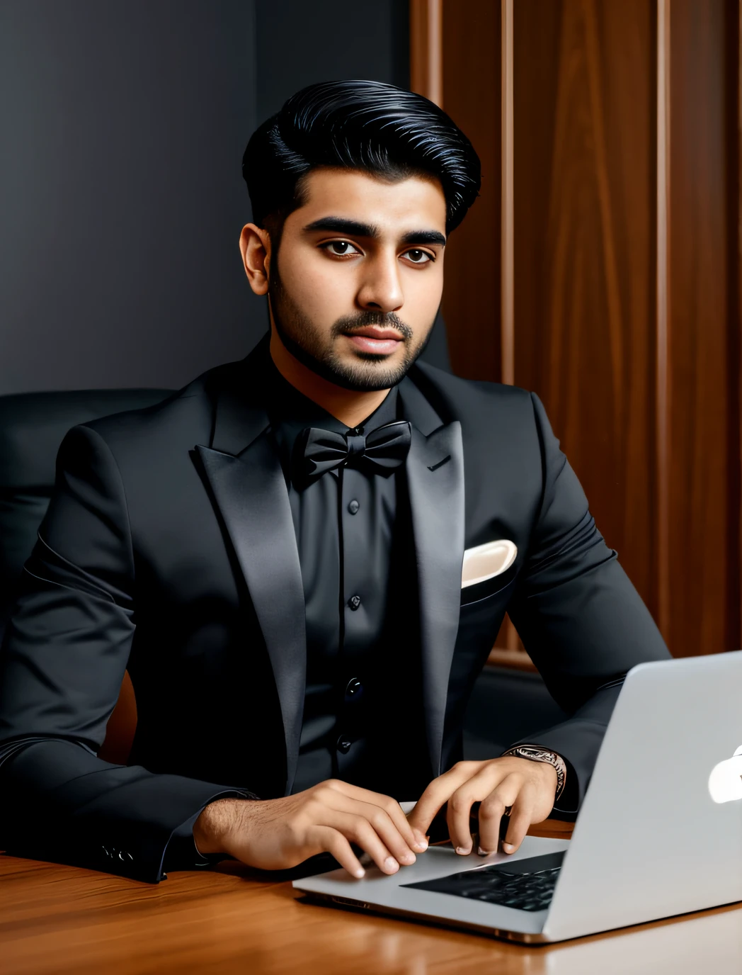 25 year young Pakistani man ultra realistic portrait wearing black formal suit , Apple laptop on table , home background , look at front camera — v 4 ultra HD 8k