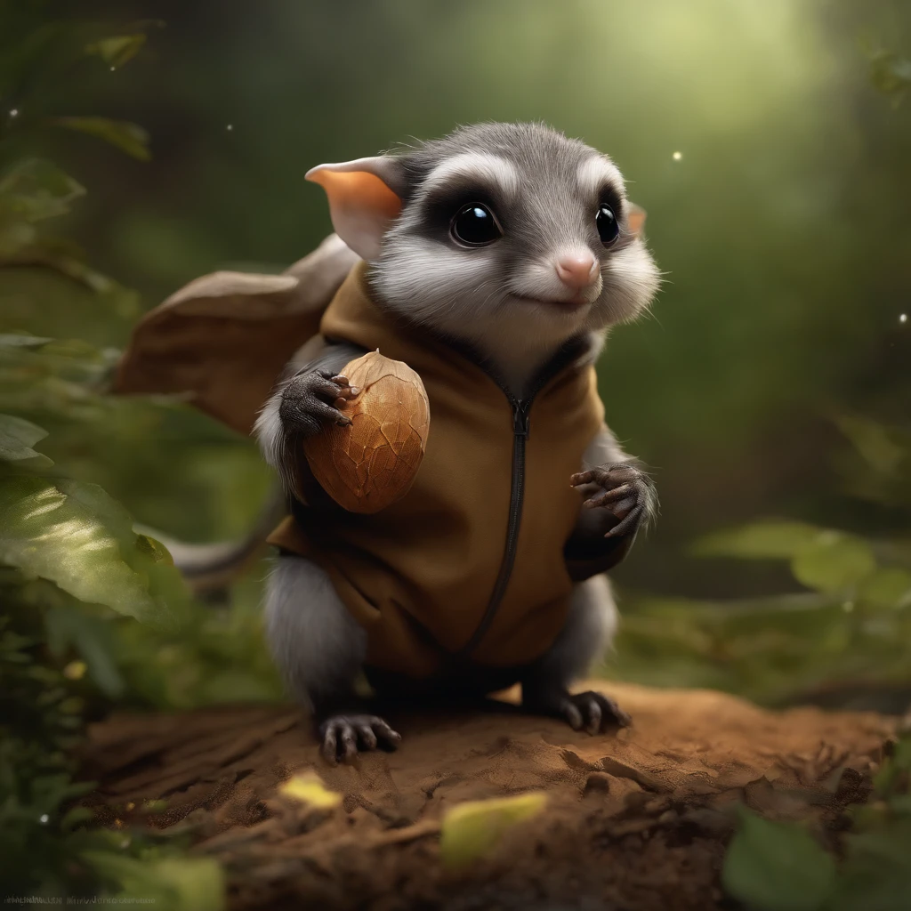 真实感, Realism, Close up of cute tiny fireflies around a huge oak tree, Morning lighting, dew, illuminate the bush, a detailed painting, cgsociety, Detailed painting, artstation hd, high detail, cgsociety, photo realism, Concept art, artstation hd, official arts, bokeh ,gremlin, mole-like, wear a hoodie, bright silver and brown, short tail, large ears, covered with silver fur, water, stands on the shore, Best Quality, Masterpiece, in style of dark fantasy art, gremlin, mole-like, holding a huge acorn in his paws, bright silver and brown, short tail, tail, elongated nose,,,, huge ears, covered with silver fur,tousled, five toes on each paw, holding a huge acorn in his paws, I'm standing in a forest clearing under the foliage of bast., acorns lie in the clearing, acorns glow, Crickets fly, Best Quality, Masterpiece, in style of dark fantasy art, fantasy-inspired, in the style of John Tolkien, (CBZBB:1.25), ((gremlin),Zhkute, Small, baby, Beautiful, Fantasy art, deviant art, trending artstation, Digital Art, Detailed, Realistic, humanoid, character, tiny, Cinematic shot, cinematic portrait of a mole, naturalist, huge oak roots, entrance to the pit, Fireflies,