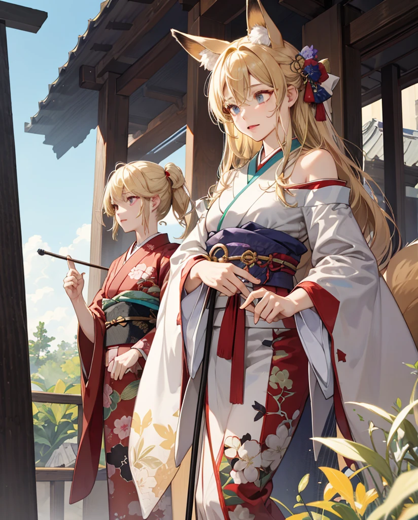Blonde Medium drooing eyes Fox ears a beauty girl Shoulder kimono Healer with a cane He looks down embarrassedly