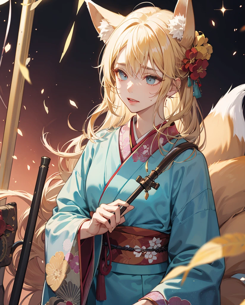 Blonde Medium　drooing eyes　Fox ears　a beauty girl　Shoulder kimono　Healer with a cane　He looks down embarrassedly