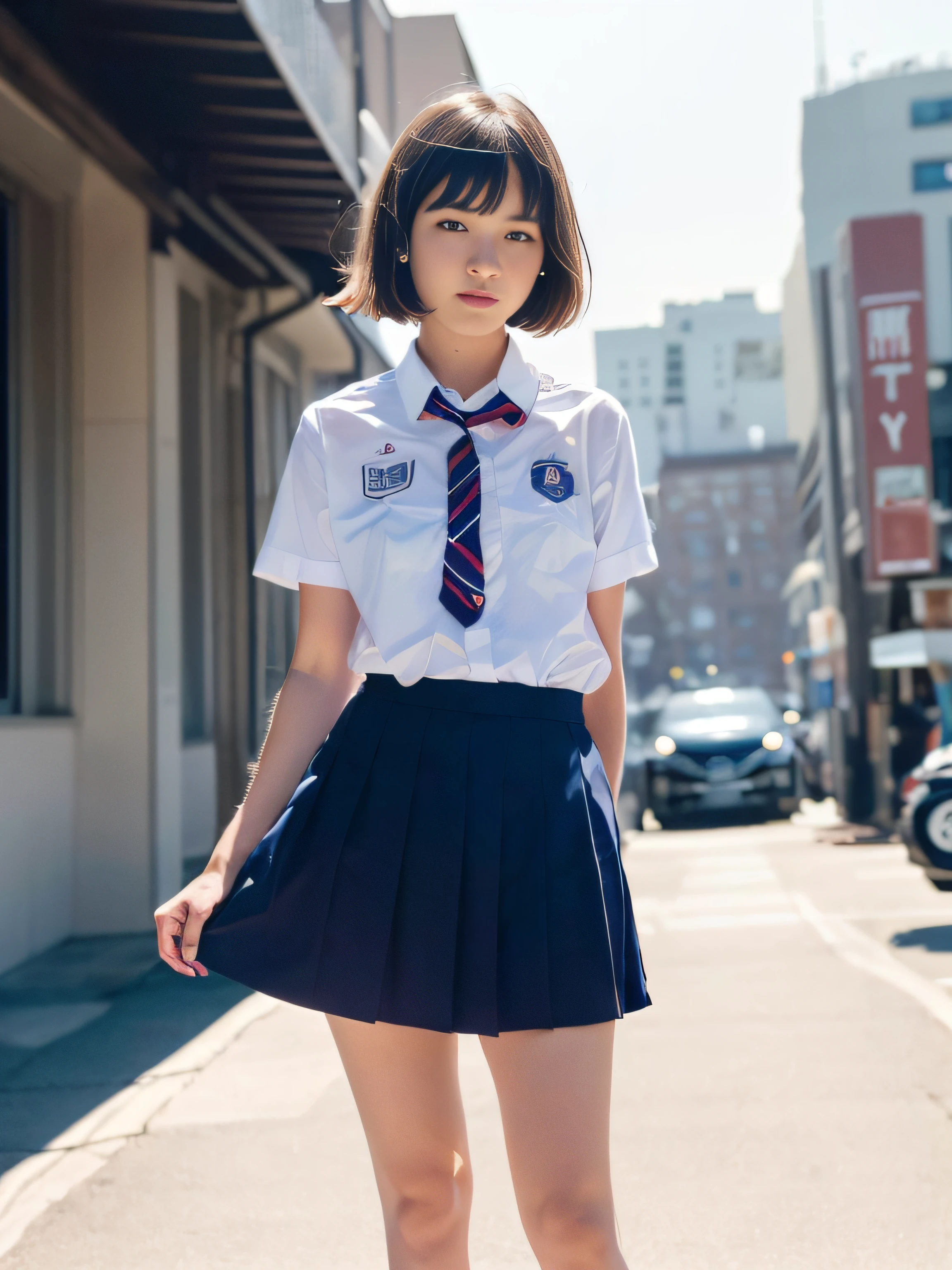 (( 19 year old girl wears high school uniform and high school uniform. :1.3)),(Dynamic Pose),(Skirt floating in the wind), (((Below the waist shot,haunting smile,moist lips,Short hair))),((No bag))
((irises and pupils are rounded,the pupil reflects the surroundings,Eyes are not the same size)),
((Big eyes,Perfect eyes,Watery eyes)),
((thick bangs)),((thin legs)),(High detailed skin,Visible Pore),
((medium breasts)),((City Street,))

(超A high resolution,Photorealistic,Realistic,Best Quality,Photorealsitic),
(8K, Raw photo, Best Quality, masutepiece),
(Photon mapping, Radio City, Physically-based rendering,Automatic White Balance),
technological sense, Best Quality, masutepiece, Illustration,nffsw ,Unity ,Wallpaper, Official art,
amazing, finely detail, extremely delicate and beautiful,Extremely detailed,
Highly detailed, Sharp Focus,Rich background,Blurry background,Strong sunlight,
(Real person,photograph),