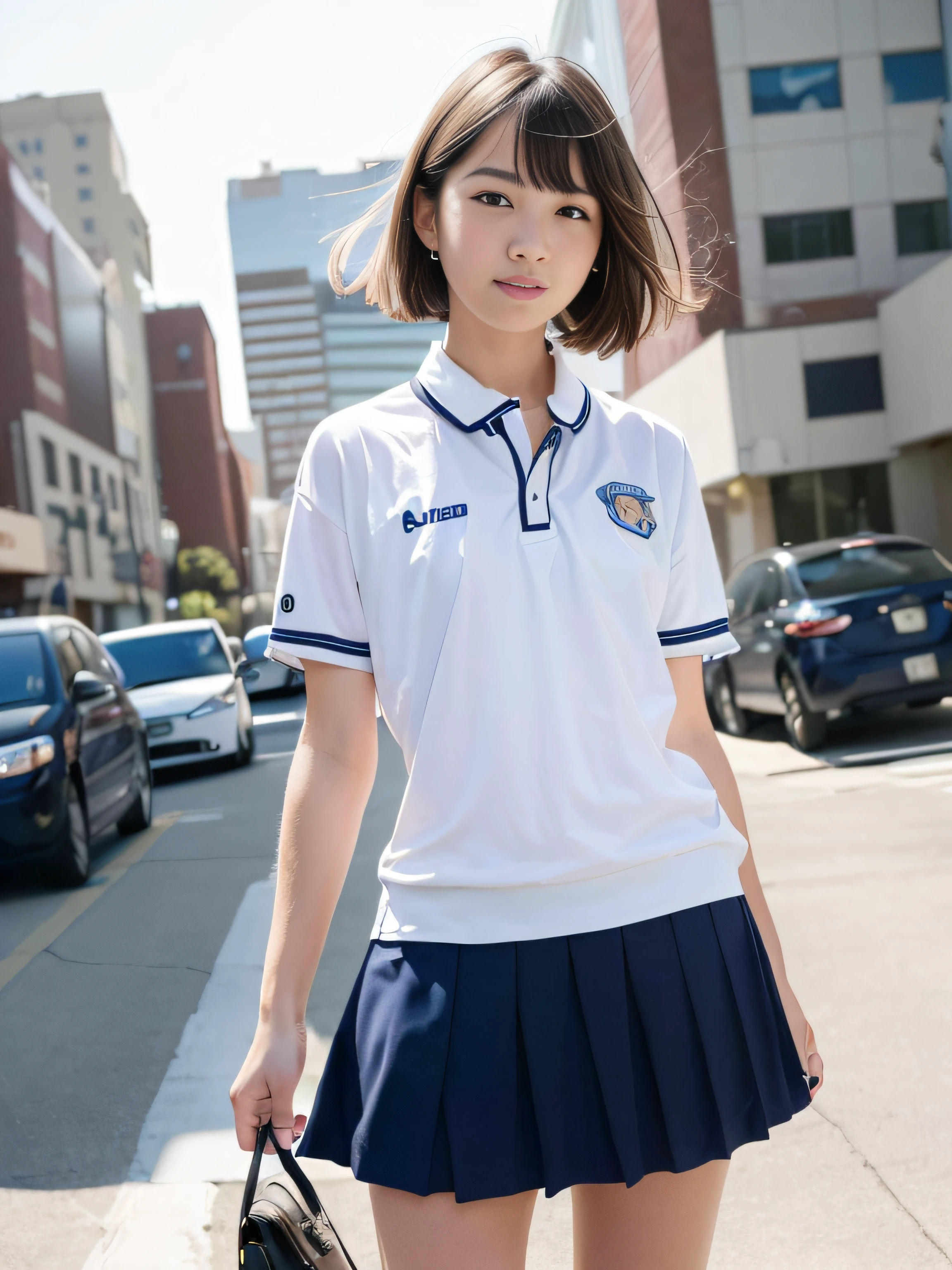 (( 19 year old girl wears high school uniform and high school uniform. :1.3)),(Dynamic Pose),(Skirt floating in the wind), (((Below the waist shot,haunting smile,moist lips,Short hair))),((No bag))
((irises and pupils are rounded,the pupil reflects the surroundings,Eyes are not the same size)),
((Big eyes,Perfect eyes,Watery eyes)),
((thick bangs)),((thin legs)),(High detailed skin,Visible Pore),
((medium breasts)),((City Street,))
(超A high resolution,Photorealistic,Realistic,Best Quality,Photorealsitic),
(8K, Raw photo, Best Quality, masutepiece),
(Photon mapping, Radio City, Physically-based rendering,Automatic White Balance),
technological sense, Best Quality, masutepiece, Illustration,nffsw ,Unity ,Wallpaper, Official art,
amazing, finely detail, extremely delicate and beautiful,Extremely detailed,
Highly detailed, Sharp Focus,Rich background,Blurry background,Strong sunlight,
(Real person,photograph),