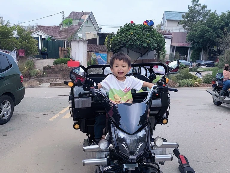 there is a small child riding a motorcycle with a basket on the back, dang my linh, little kid, ruan cute vtuber, hoang long ly, ngai victo, kid, full protrait, bao pham, potrait, mateus 9 5, by Abidin Dino, dao trong le, ayan nag, loong