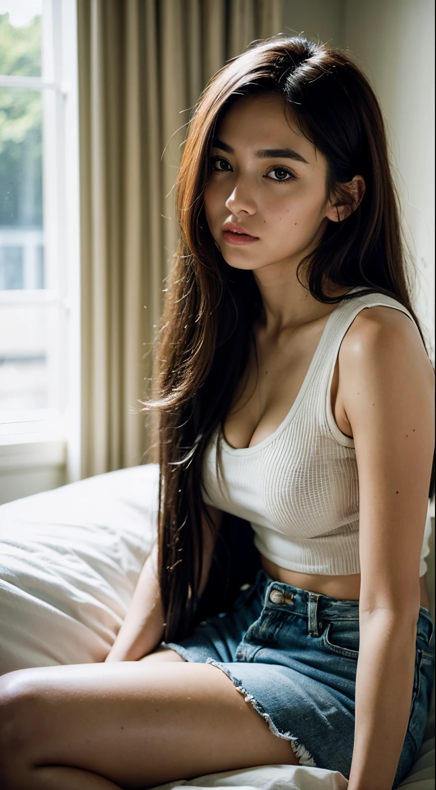 (8K, Best Quality, Masterpiece: 1.2), (Realistic, Photorealistic: 1.37), Super Detail, One Girl, Looking, At home, In the room, Sitting in bed, Angry, Middle Chest, Beautiful Details Eyes, Long Hair (Long Hair: 1.4), Black Tank Top, Wearing a White Cardigan, Mini Skirt (Denim Skirt), Piercings, White Skin, Morning, Sunshine, SITTING IN BED, SITTING CROSS-LEGGED