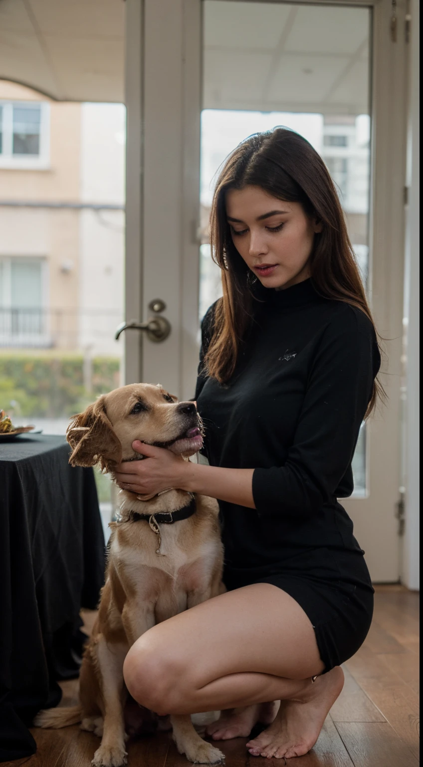 ((best quality)), ((masterpiece)), (detailed), perfect face, (((a dominant woman feeding her dog))), ((black clothes)), full body, detailed eyes