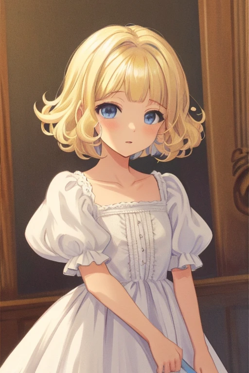 fluffy hair, a blond, perm, bob, White dress, Blue eyes, Blonde blue-eyed