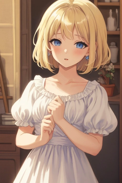 fluffy hair, a blond, perm, bob, White dress, Blue eyes, Blonde blue-eyed