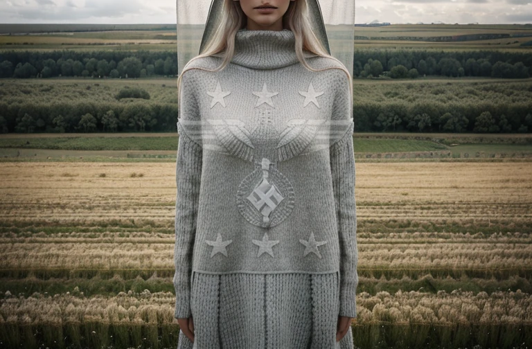 arafed woman in a white and grey sweater standing in a field, beautiful nordic woman, portrait of nordic girl, inspired by mads berg, in the countryside, inspired by Louisa Matthíasdóttir, erik johansson style, inspired by Nína Tryggvadóttir, inspired by Jaroslava Korol