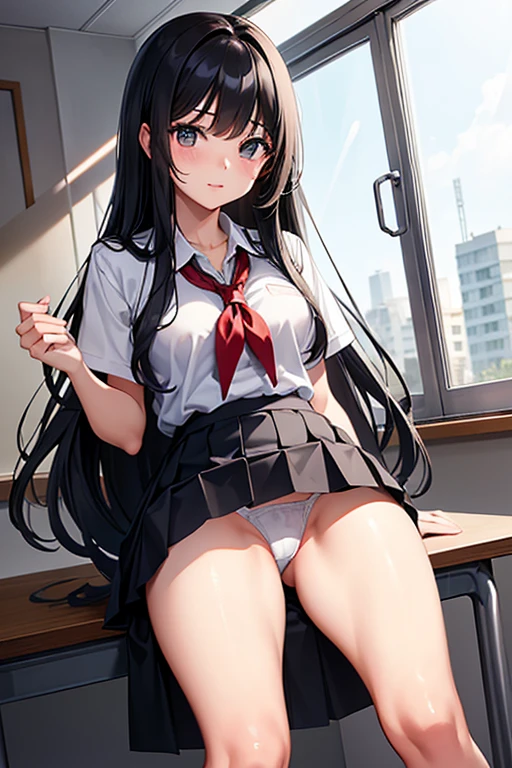 A 16-year-old high school girl with long black hair wearing a school uniform who lifts up her skirt to reveal white panties.