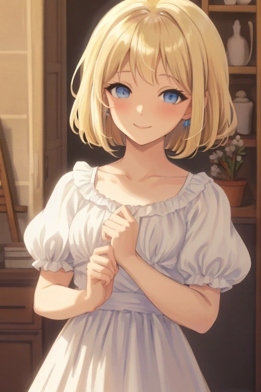 fluffy hair, a blond, perm, bobhair, White Dress, Blue eyes, Blonde blue-eyed, White blouses, a smile