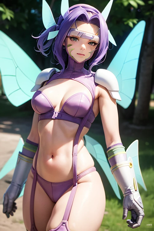 fairimon, facial mark, purple hair, short hair, visor (armor), hair ornament, nude
belt, bikini, bra, butterfly wings gauntlets, cleavage, garter straps, gauntlets, highleg, highleg panties, navel, panties, purple bra, purple panties, shoulder pads, swimsuit, thighhighs, underwear,