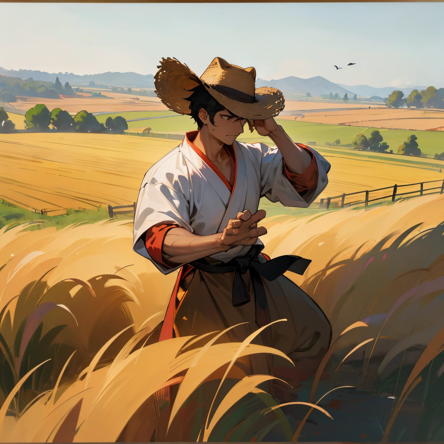 Strawhat, black messy hair, 1 male, brown eyes, farmer clothing, martial art clothing, (best quality, 4k, highres, masterpiece:1.2), ultra-detailed, HDR, vivid colors, bokeh, traditional painting, countryside scenery, golden sunlight, vast farmland, rolling hills, open fields, blooming flowers, rustic wooden fence, serene atmosphere, peaceful meditation, 1male, strong and determined expression, stoic posture, (organic farming), (kung fu), (gentle breeze), (traditional hat), (shadow and light contrast).