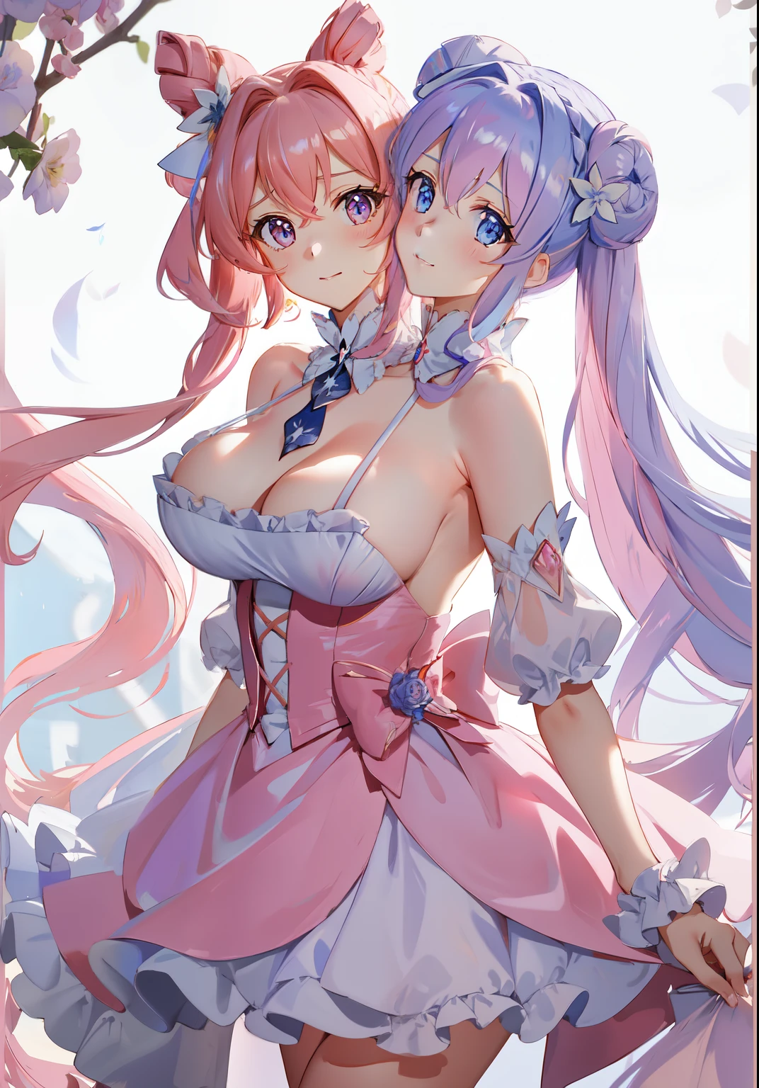 (masterpiece, best quality), best resolution, (2heads:1.5), 1girl, maria_symphogear, two heads, perfect anatomy, extremely long hair, pink hair, blue eyes, two cone buns, two buns, blue flower, hair flower, magical girl, ((big breasts)), (sideboob), middle body, looking at viewer, ((cowboy shot)), ((white magical dress)), frilled dress, ((pink dress)), conjoined