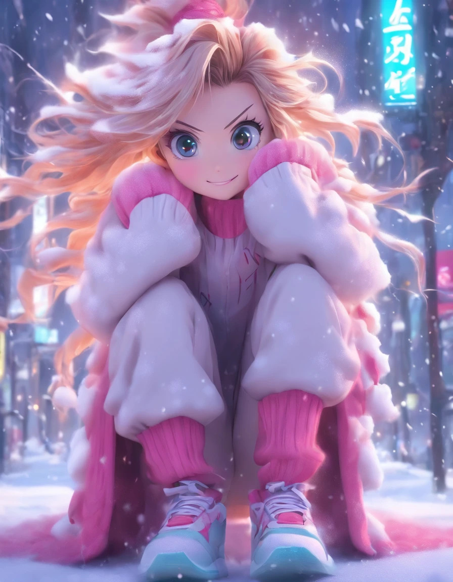 catss,中景 the scene is,super-fine,Genki Girl,Full body like,adolable,sitting cross-legged on the street,ssmile,Long whit hair,Long pink sweater,denim pant,Athletic Sneakers,Heavy snowfall in winter,Hair is meticulously painted,The eyes are meticulously painted, Highly detailed surreal VFX,OC rendering,