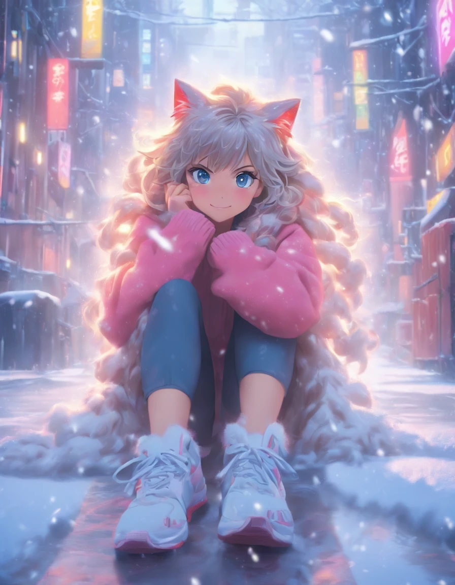 catss，中景 the scene is，super-fine，Genki Girl，Full body like，adolable，sitting cross-legged on the street，ssmile，Long whit hair，Long pink sweater，denim pant，Athletic Sneakers，Heavy snowfall in winter，Hair is meticulously painted，The eyes are meticulously painted， Highly detailed surreal VFX，OC rendering，