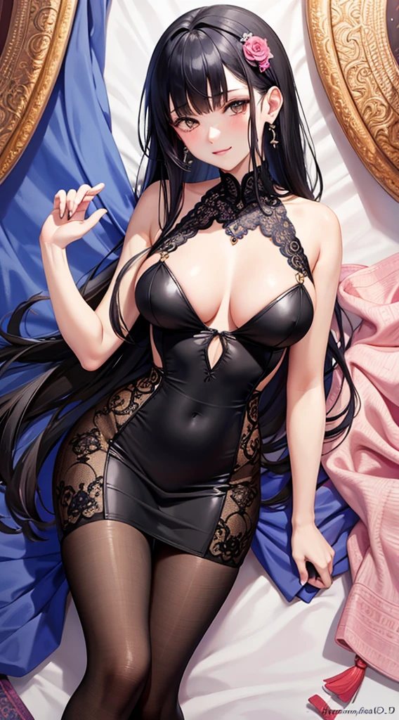 Character Details: - Gender: 1 Girl. - Body Type: Attractive slim body, sexy body, nice bare leg, bare tights, bare arms, bare shoulders, nice curve. - Breast: Small Breast, Nice Cleavage
- Facial Features: Beautiful, Gorgeous, ager, Fresh, Young.
- Expression: Smile, Pink Blush on Face, Sexy Eyes, Sexy Look, Innocent Look. - Hairstyle: Blunt Bangs, Long Hair, Pony Tail. - Hair Color: Black Hair
- Clothing: Tight Japanese Dress - Body Pose: Bend Body to Front, comfortable, and relaxed.
- Hand Pose: Hand on Chin, Relaxed.
- Behaviour: Looking to You, Waiting, Want Something, Secretive.
- Accessories: Flowers hair piece, Earrings, Silk cloth. Environmental Details: - Setting: Abstract, Oriental-style. - Lighting: Night, Moonlight. - Background Elements: Silk bed, Silk veil, Silk Curtain, Mattress, Flower Mattress, Silk Mattress, Soft bed, Silk Ornament, Flower Ornament, Feathers. - Mood/Atmosphere: Steamy, Comfort Artistic Style and Quality: - Masterpiece, top quality, best quality, official art, beautiful, and aesthetic:1.2 - Fractal art:1.1, Colorful:1.1, Highest detailed:1.2, Zentangle:1.2 - Crisp details, Sharp lines, Rich textures, Fine craftsmanship:1.3 - High resolution, Meticulous rendering:1.2