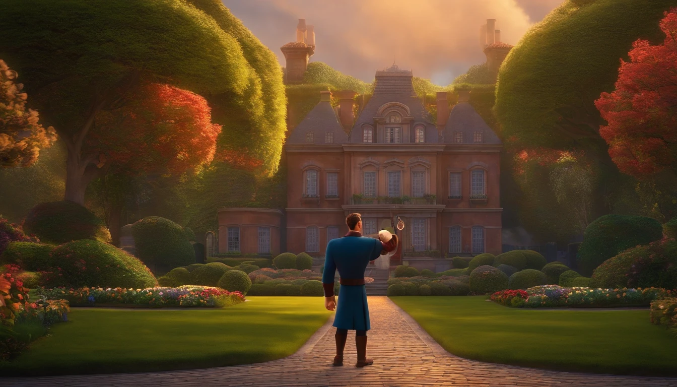 Pixar, a big house buildings in a very beautiful garden, a man stand beside, a very beautiful background,