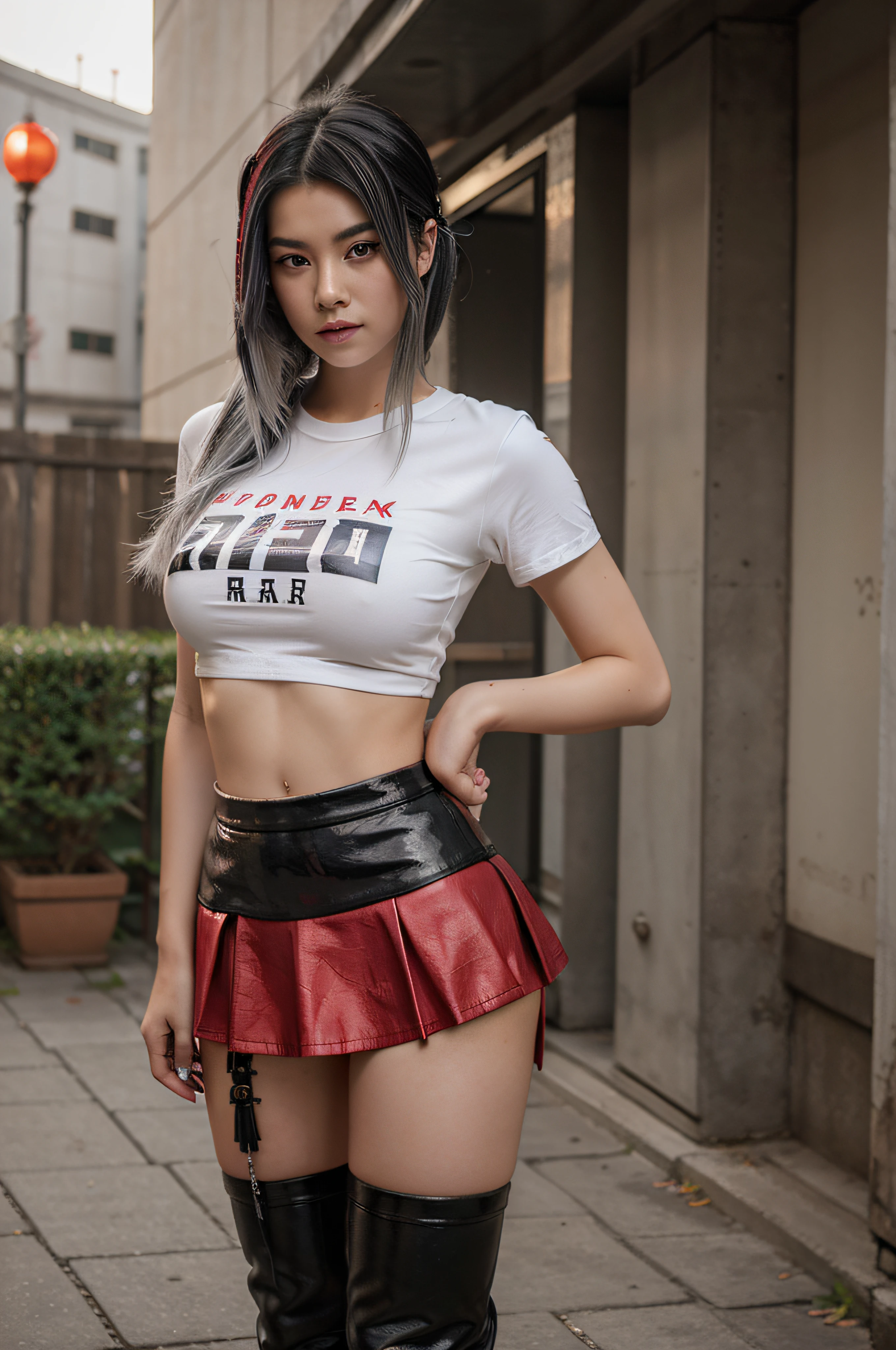 Beautiful Chinese 17 year old female, bob hair with silver streaks, large breasts, red t shirt, back short skater skirt, leather boots, punk girl, masterpiece, photorealistic, sexy pose