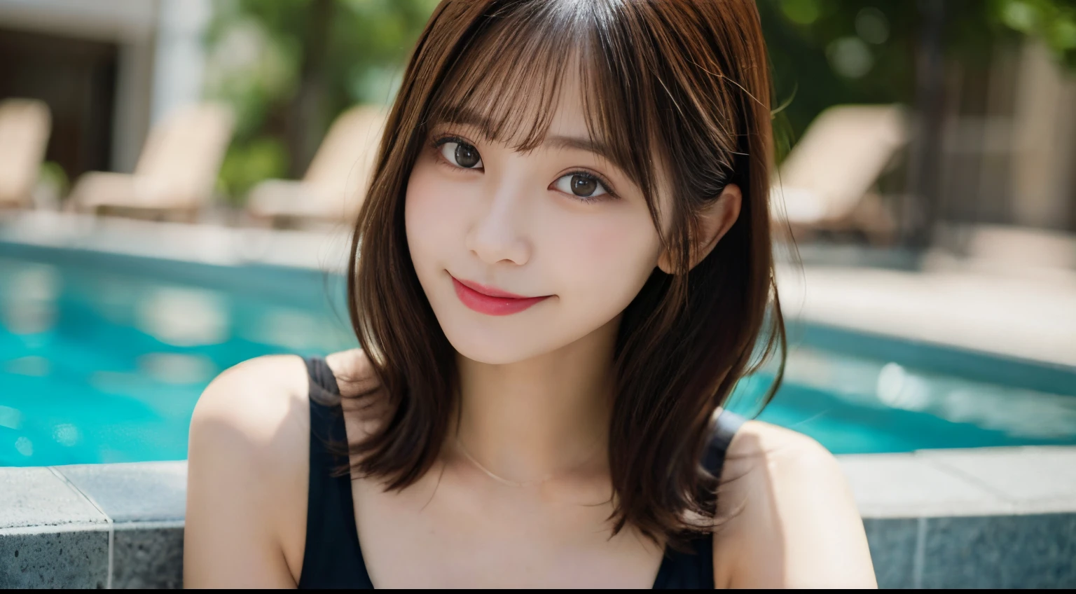 masutepiece, Best Quality, Illustration, Ultra-detailed, finely detail, hight resolution, 8K Wallpaper, Perfect dynamic composition, Beautiful detailed eyes, she is wearing a black bikini swimsuit,Medium Hair,Natural Color Lip, Bold sexy poses,Smile,Harajuku、20 years girl、Cute、Sexy shot looking at camera、C Cup、Brown hair、caste-like face、Blurry pool background