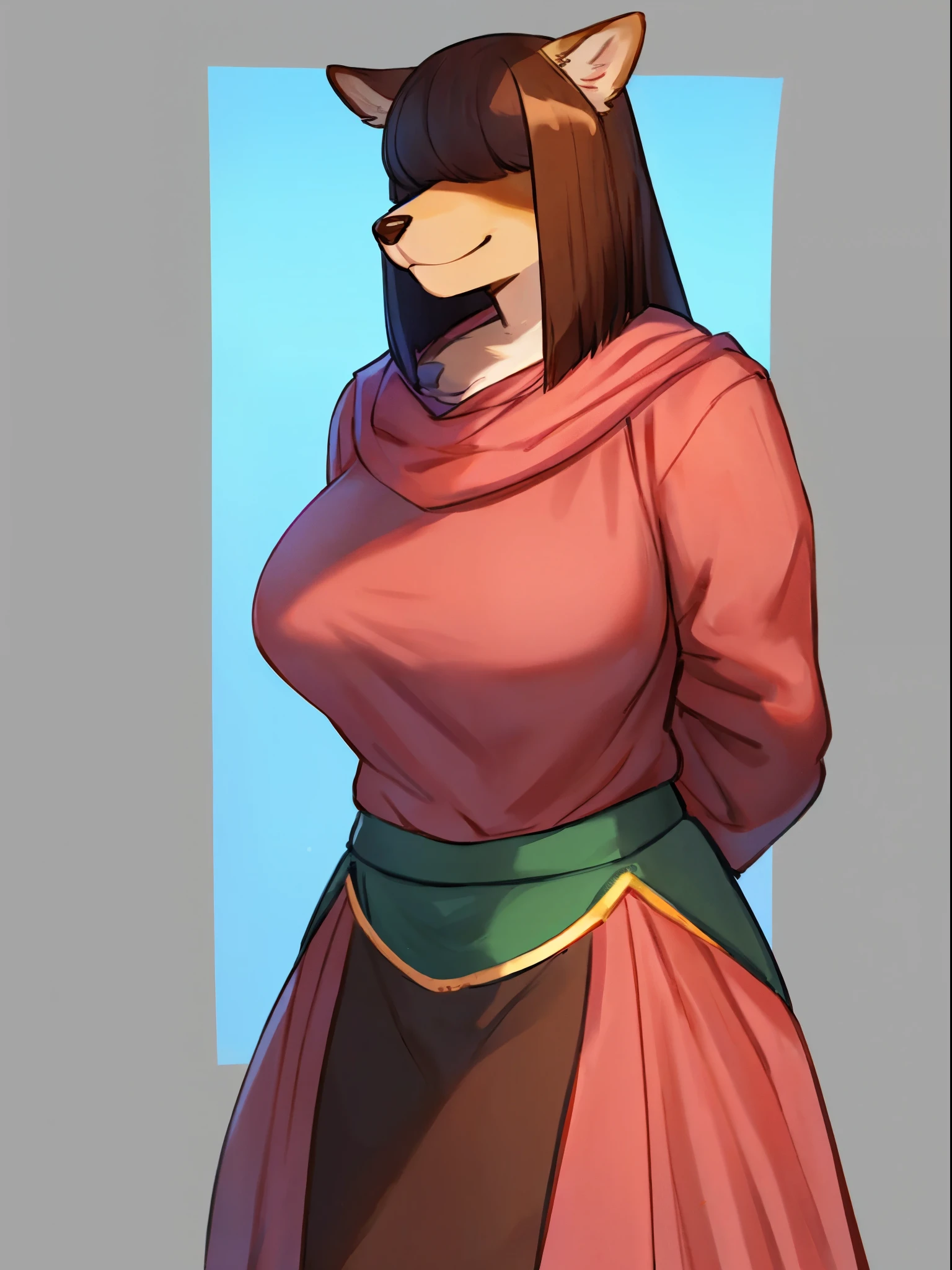 By bebebebebe, by lostgoose, by goonie-san, solo, female, canine, ((snout, hair covering eyes, straight hair, medium hair, flat hair, thin snout, brown fur)), dark maroon hair, big breasts, (muscular), standing, coy pose, hands behind back, looking at viewer, smiling, fantasy village, tunic, pink cloak, medieval outfit
