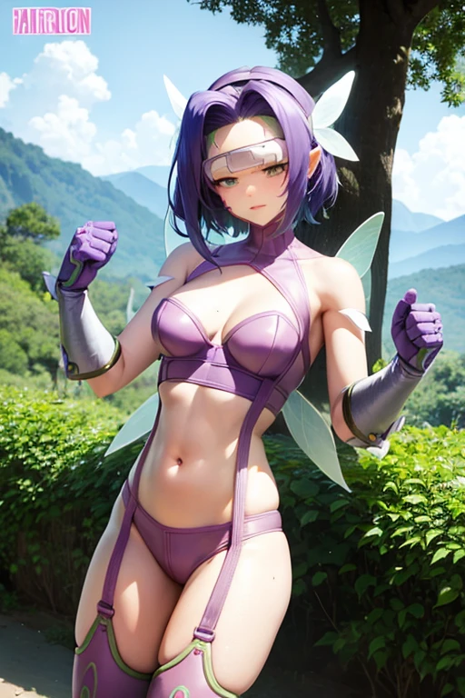 fairimon, purple hair, short hair, visor (armor), hair ornament, 
belt, bikini, bra, butterfly wings gauntlets, cleavage, garter straps, gauntlets, highleg, highleg panties, navel, panties, purple bra, purple panties, shoulder pads, swimsuit, thighhighs, underwear,