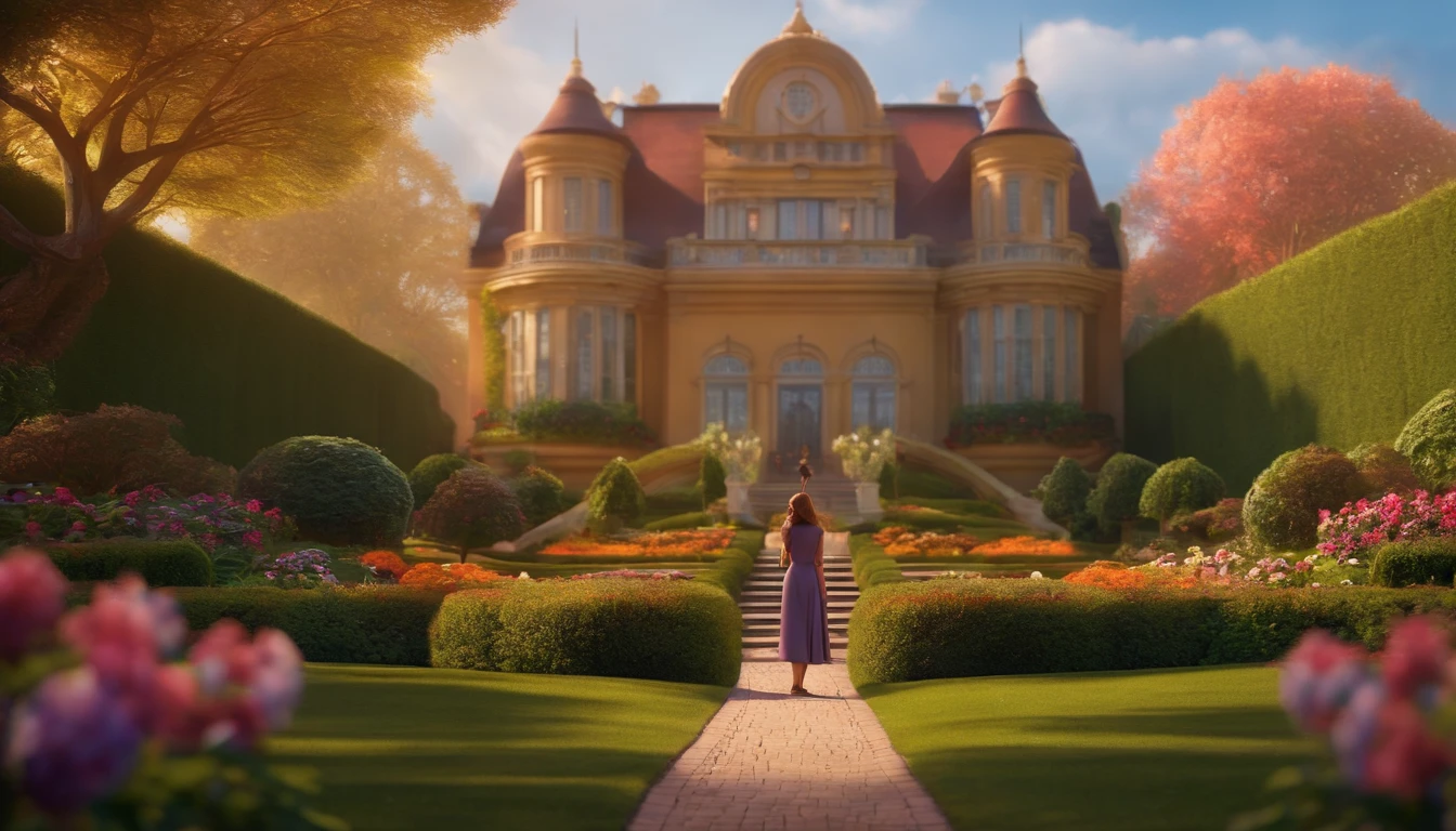 Pixar, a big house buildings in a very beautiful garden, a woman stand beside, a very beautiful background,