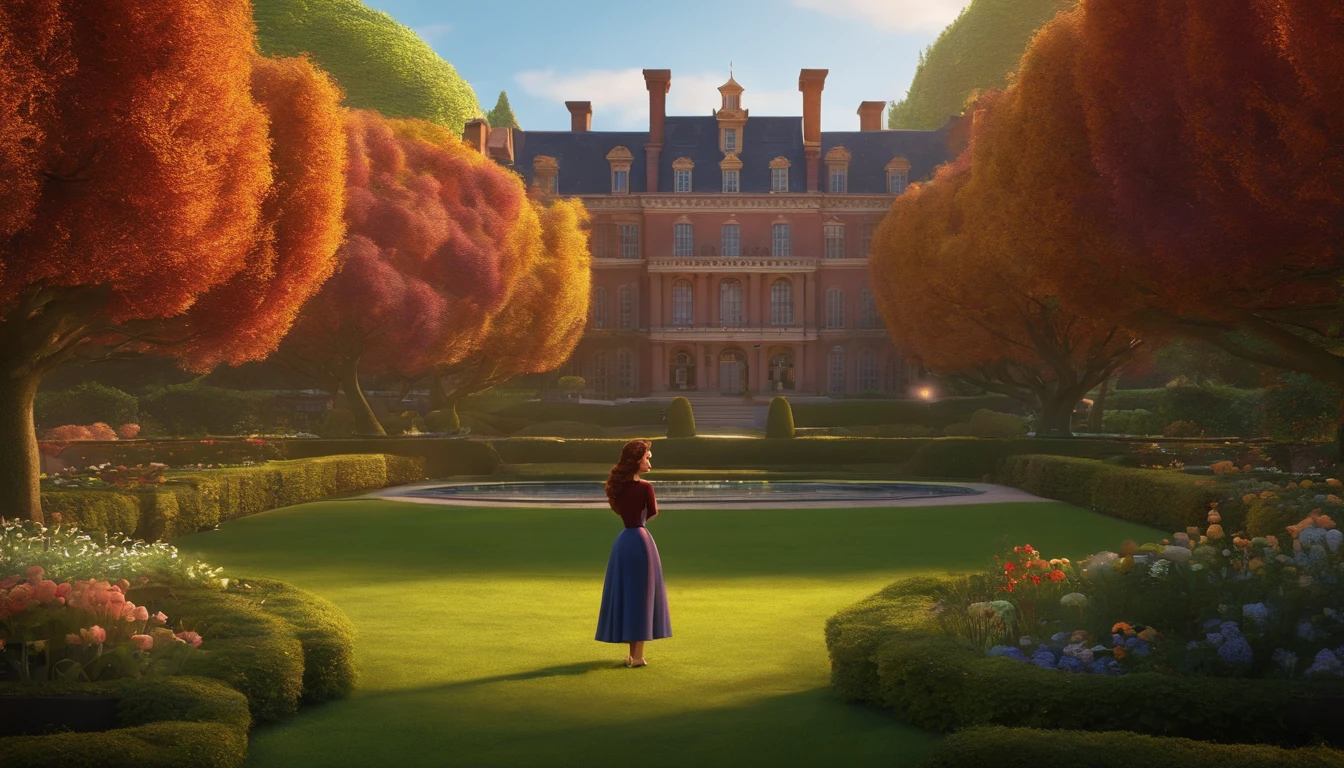 Pixar, a big house buildings in a very beautiful garden, a woman stand beside, a very beautiful background,