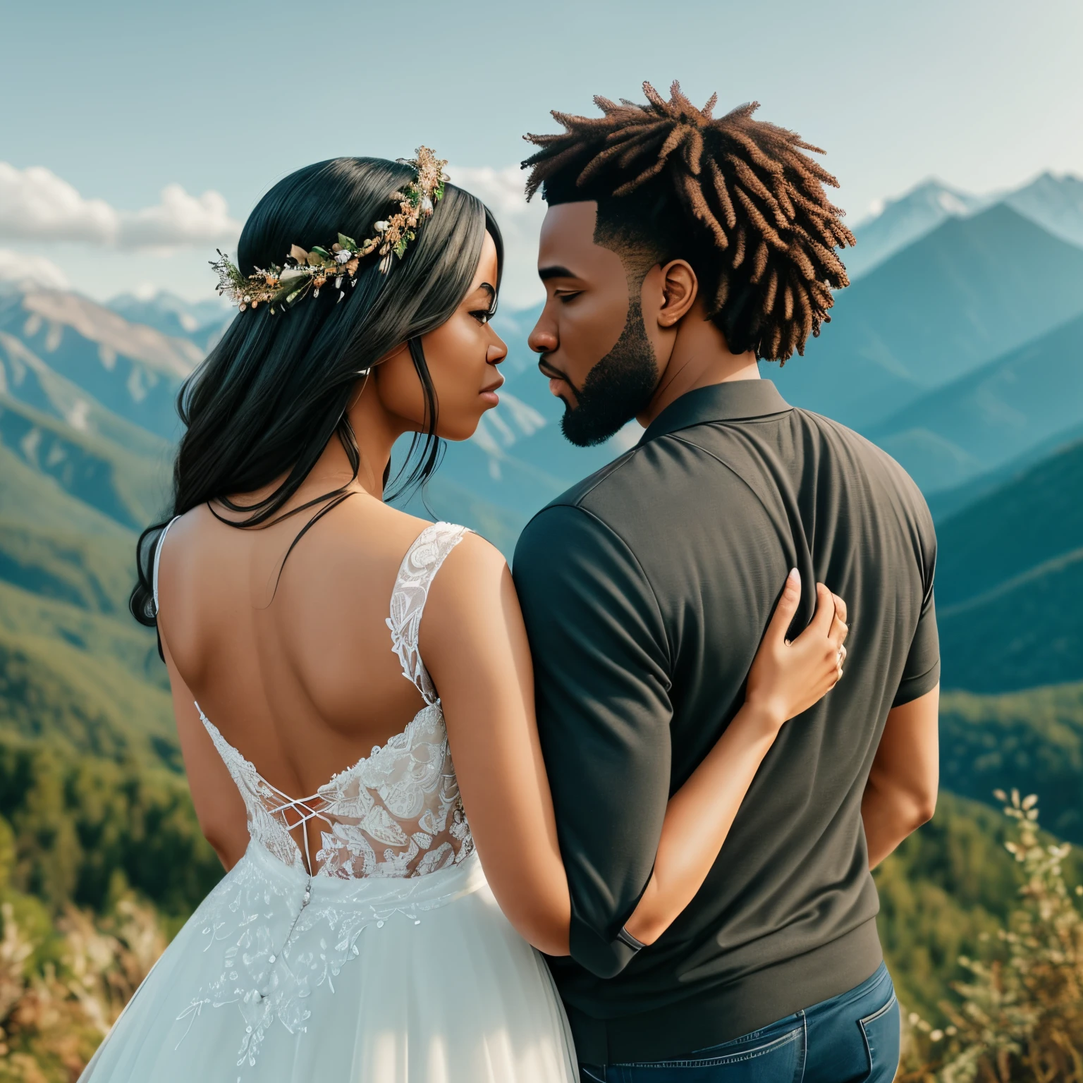 Create a realistic depiction of a Black couple from behind, emphasizing intricate details. Highlight the image by portraying the couple gazing at a mountainous landscape. Ensure to include trees on the mountains to enrich the composition --auto --s2