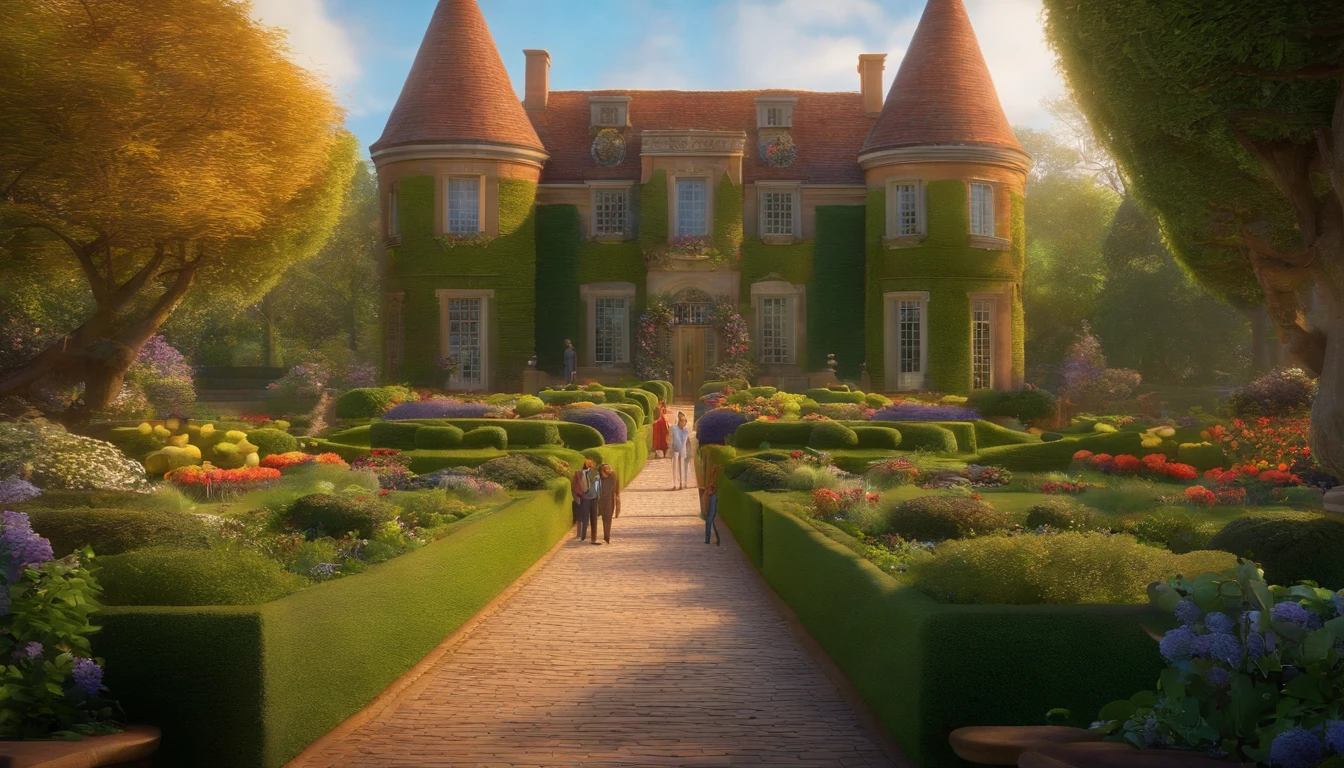 Pixar, a big house buildings almost like Disney in a very beautiful garden, a man stand beside, a very beautiful background,