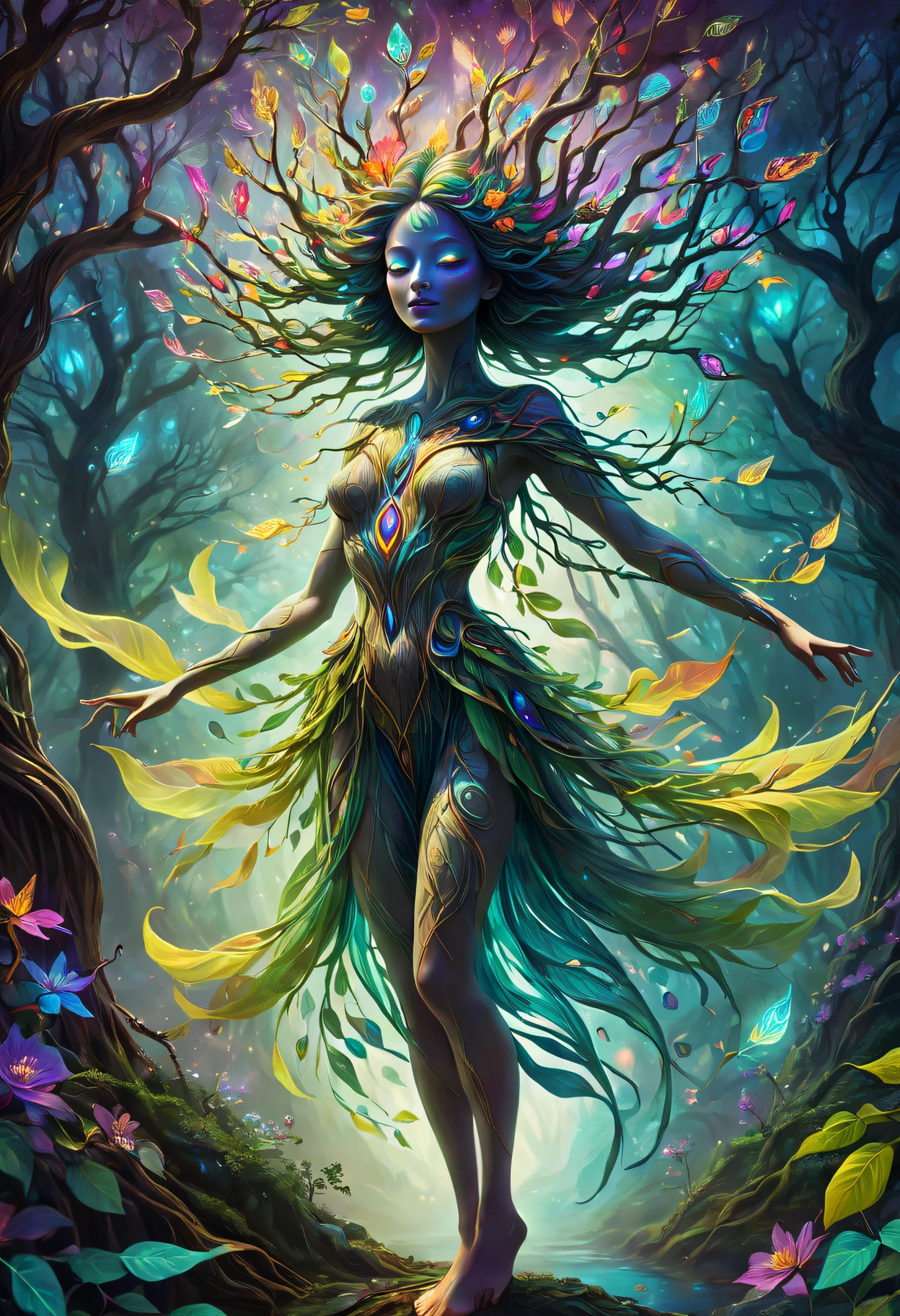 A high resolution, Psychedelic style tree woman, vivd colour, glowing light eyes, flowing branches, Ethereal atmosphere, surreal scenery, Complicated details, Leaves and flowers dance in the wind, magical aura, wisps of light and color around the tree man, dreamlike landscapes, Mysterious and fascinating existence, otherworldly beauty, A calm and peaceful expression, art inspired by nature, Surrealist elements, mythological and fantasy imagery.