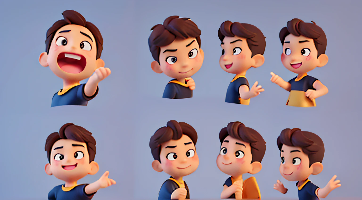 cute boy, different emotions, multi pose and expressions, solid background, emoji pack, 16 emoticons, anthropomorphic style, disney style, black strokes, 8K,--niji 5,disney pixar