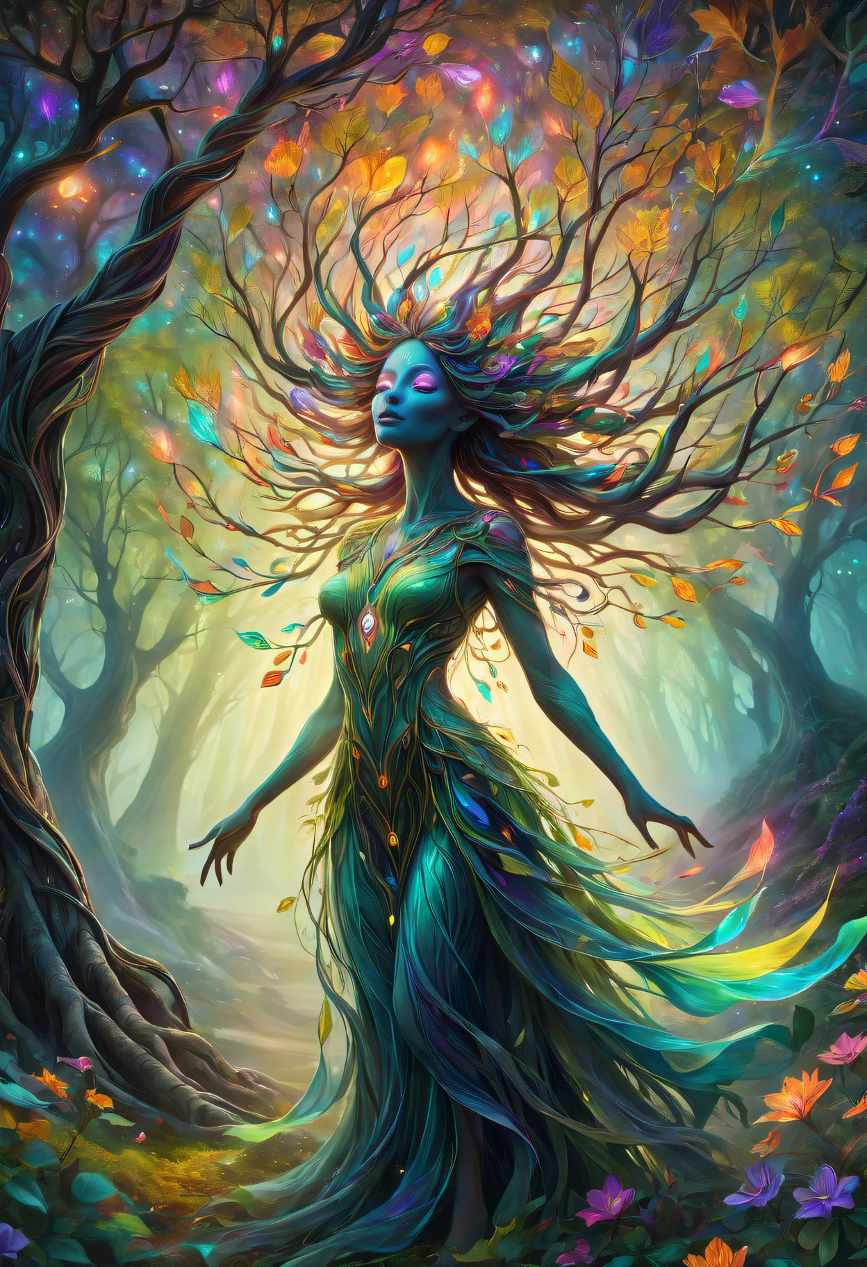 A high resolution, Psychedelic style tree woman, vivd colour, glowing light eyes, flowing branches, Ethereal atmosphere, surreal scenery, Complicated details, Leaves and flowers dance in the wind, magical aura, wisps of light and color around the tree man, dreamlike landscapes, Mysterious and fascinating existence, otherworldly beauty, A calm and peaceful expression, art inspired by nature, Surrealist elements, mythological and fantasy imagery.